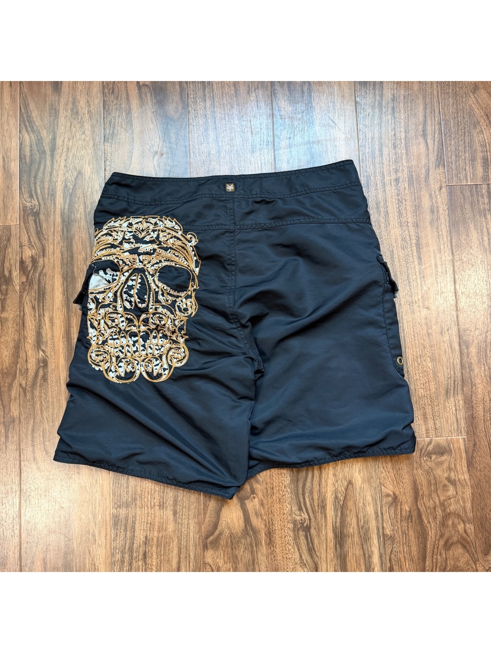 Vintage Y2K Zoo York Board Shorts Cargo Swim Trunks Embroidered Skull Sz 34 Surf